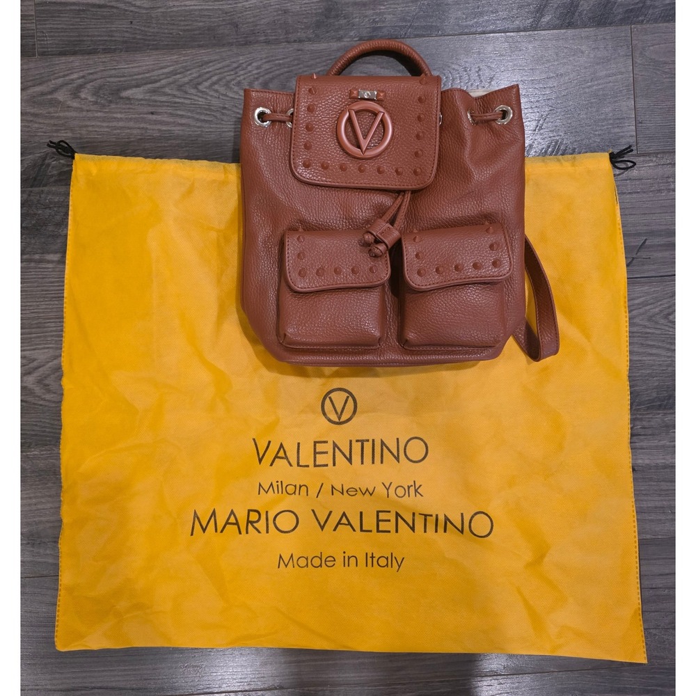 Valentino‎ by Mario Valentino Brown Pebbled Leather Studded V Logo Backpack Bag